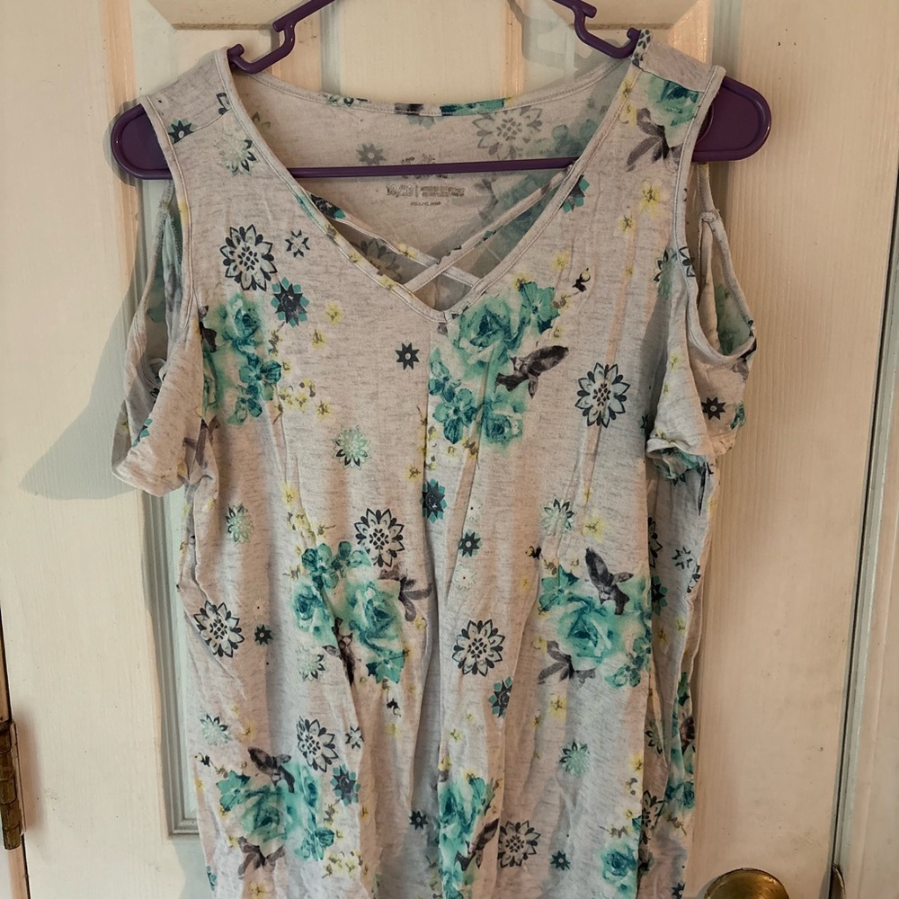 Justice Floral Cold Shoulder Blouse - Teal and White